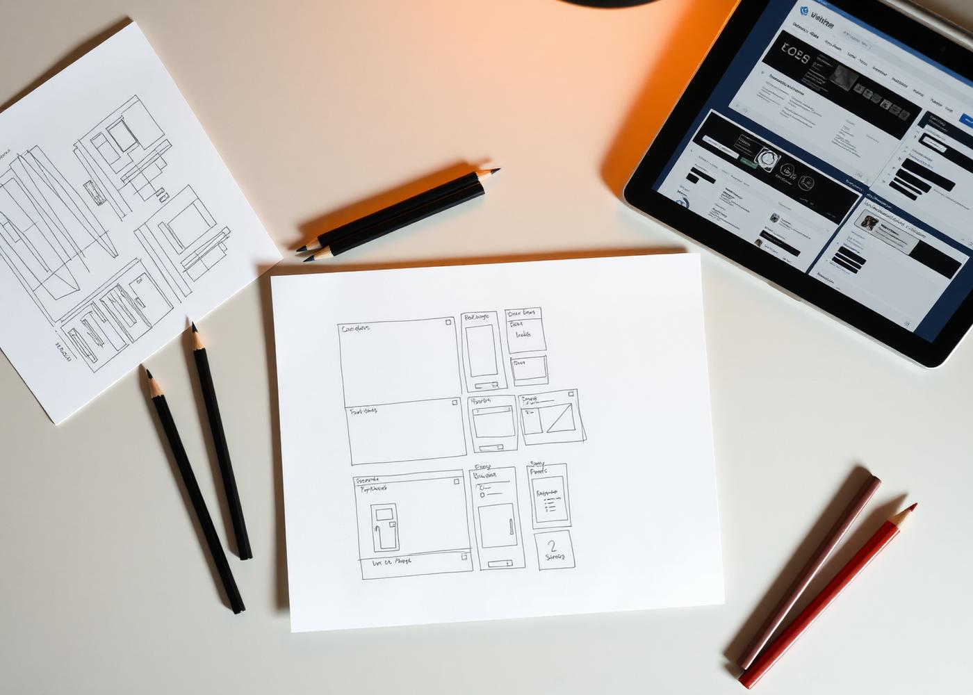 Wireframe sketches and a tablet with interface mockups on a designer's desk