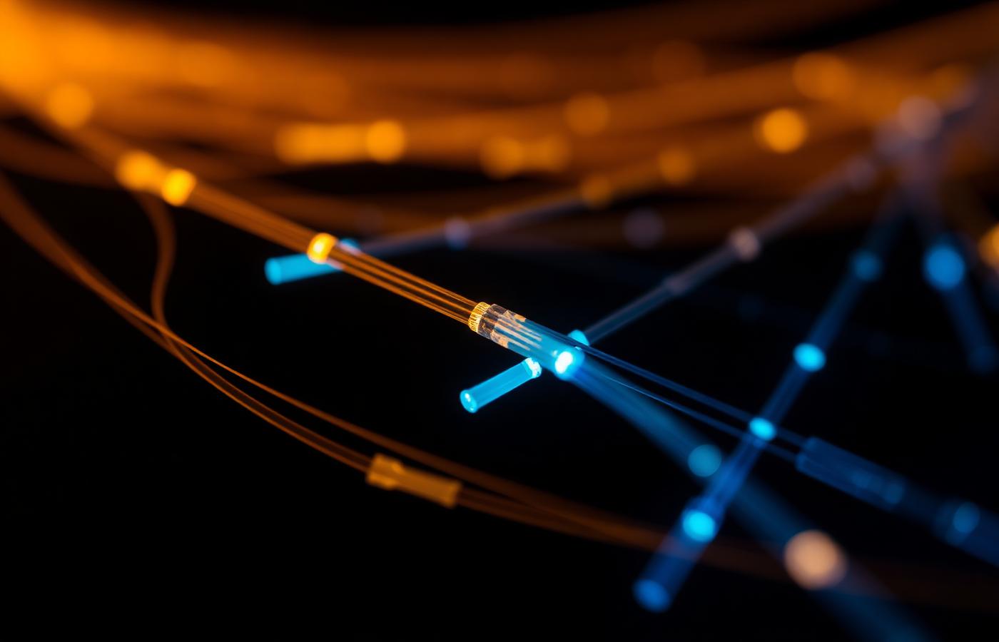 Macro photograph of fiber optic strands glowing amber and blue