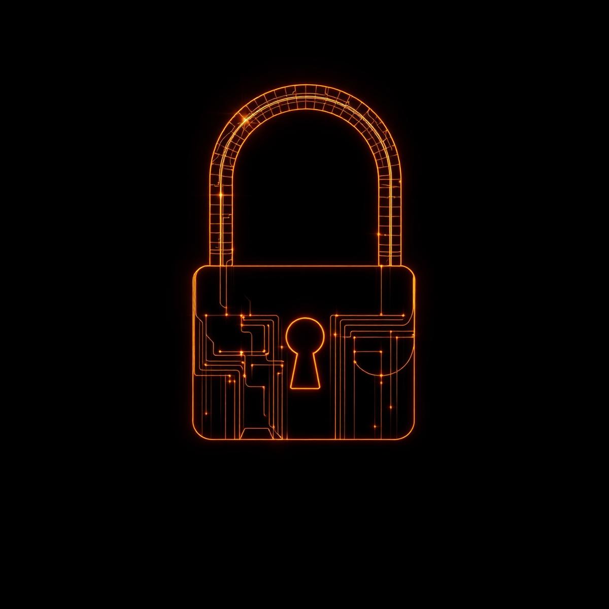 Illuminated padlock formed from thin amber circuit lines on black